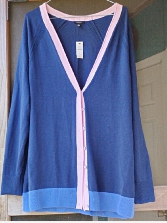Talbots Sweaters - Talbots Blue Cardigan with Pink Trim and Light Blue Hem